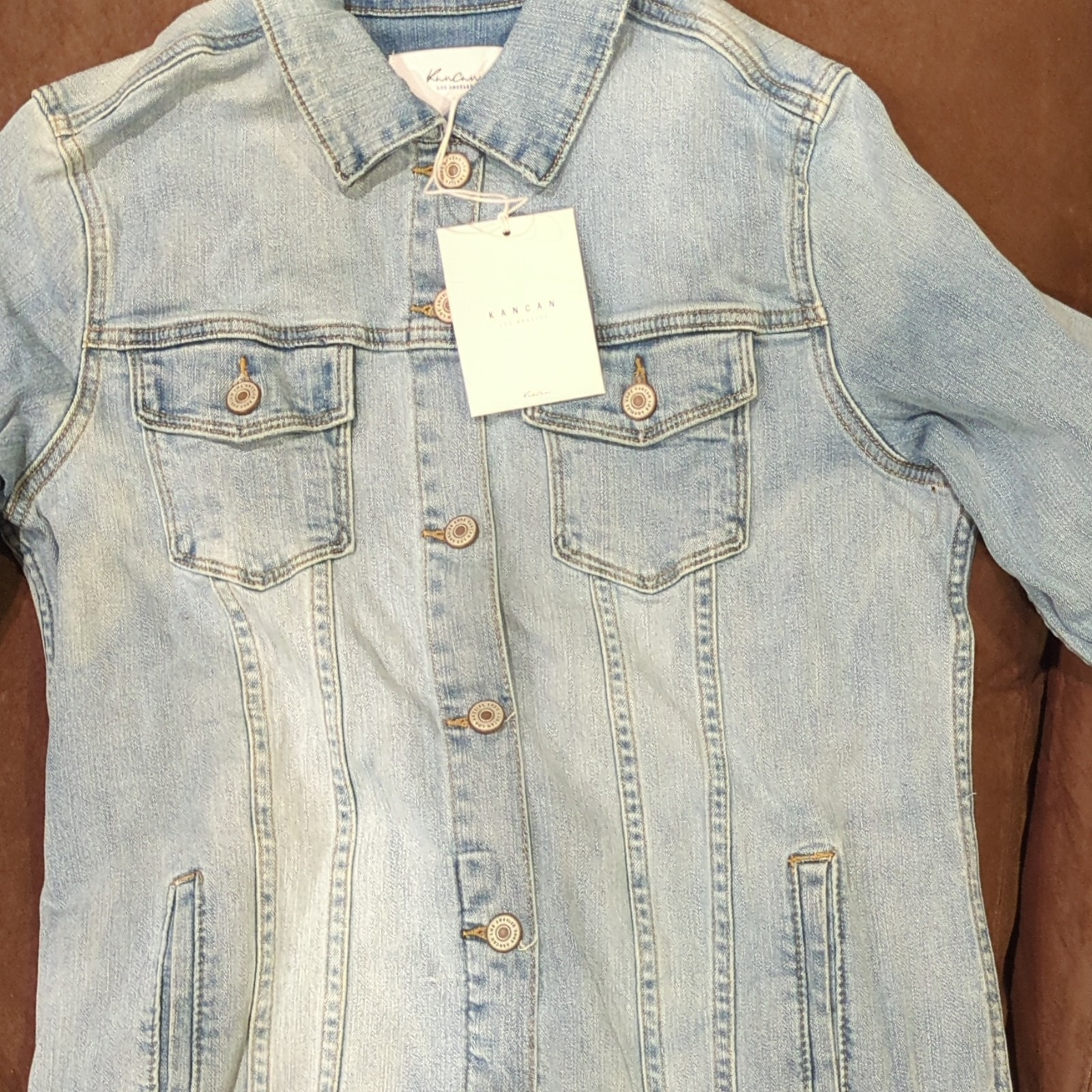 KanCan Women's Light Blue Denim Jacket Long Sleeve Frayed Hem Pockets Size L