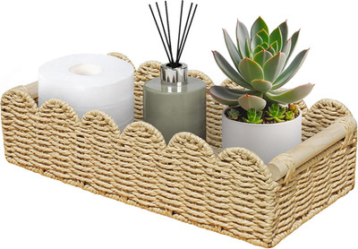 Upgraded L Scalloped Wicker Basket with Wood Handle | Decorative Handwoven Wicke