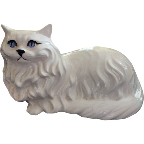 Vintage Large White Ceramic Persian Cat Figurine 17″ Long Mid-Century Feline Sta