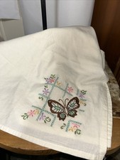 Vintage Cross Stitched Floral/ Butterfly Tablecloth Ivory Linen  32x36&rdquo; Gorgeous