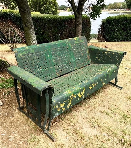 Metal Porch Glider Bench, Vintage Garden Patio Seat, Green Chippy Paint, Outdoor
