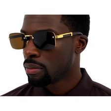 Men's Rimless Luxury Hip Hop Gem Cut Brown Tint Gold Frame Rectangle Sunglasses