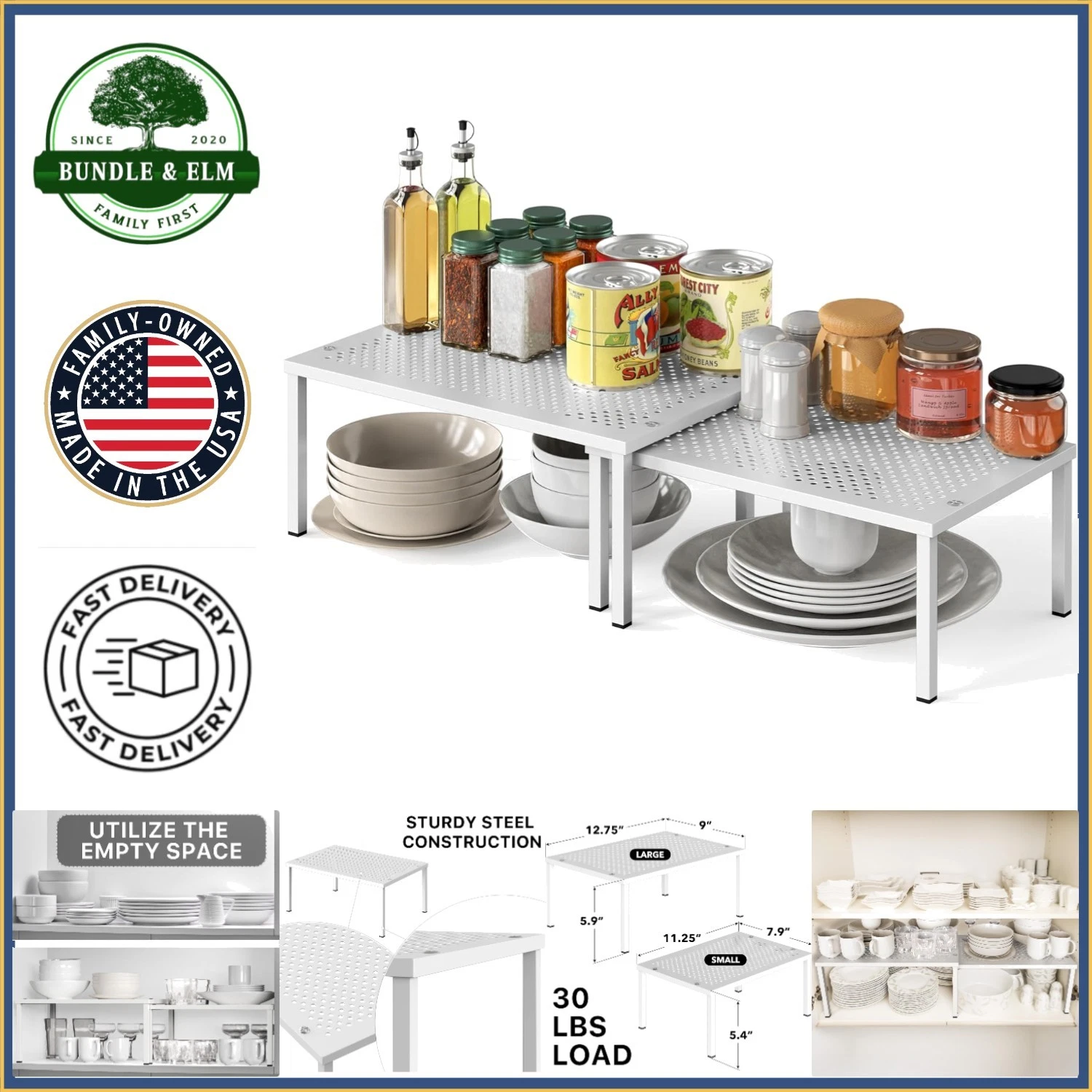 Stackable Tiered Shelf Organizer with Metal Top for Kitchen and Cabinet Storage