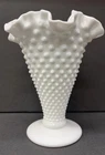 Vintage Fenton White Milk Glass Hobnail 7.5”  Trumpet Vase Ruffled Edge..