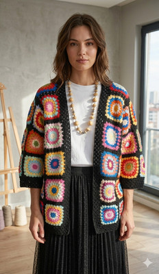 Handarbeit gehäkelt Granny Square Strickjacke Boho bunt Oversize Festival