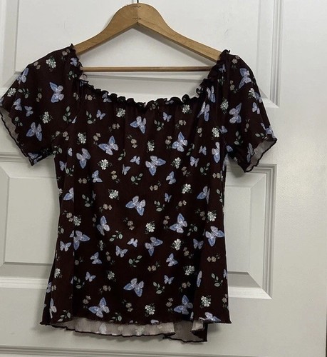 FAIRYCORE Butterfly Print Pullover Top SZ S Brown Floral Ruffle Hem Boho Y2K - Afbeelding 3 van 9