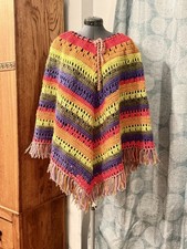 BOHO Handmade Crochet Poncho Multi Rainbow Granny Tassel Fringe Unisex