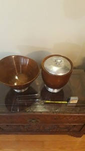 Genuine Mahogany Ice Bucket/Tongs (Saks) & Large Mahogany Bowl (Web Silver Co)