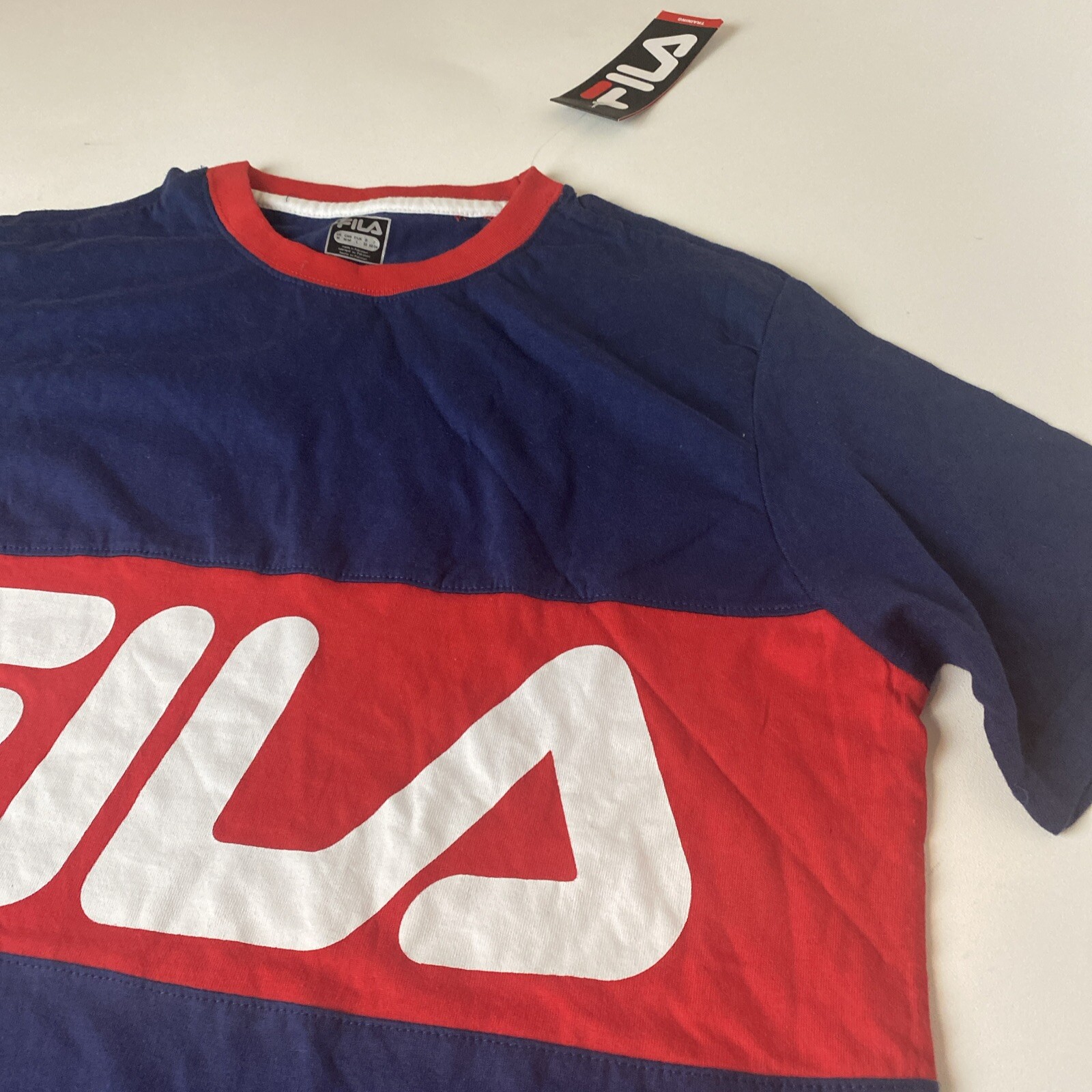 T shirt FILA rosso bianco blu colorblock uomo M manica corta nuova cotone spellout