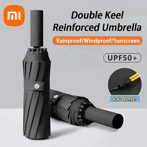 Black Xiaomi automatic umbrella with double keel reinforcement, open in strong wind, 24-bone light collapsible design.