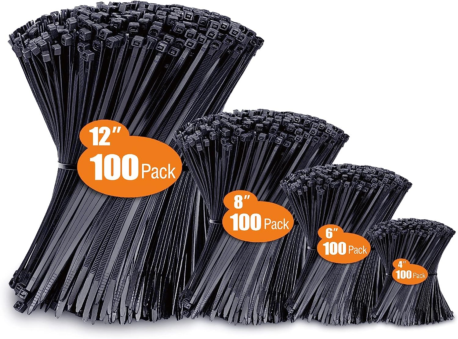 400-Pack Black UV-Resistant Cable Ties in 4-12 Inch Assorted Sizes