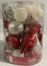 Shatterproof Ornaments Christmas Tree Decorations Set 35Ct White Red Silver