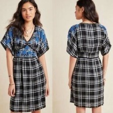 ANTHROPOLOGIE Embroidered Plaid Sarah Dress Floral Black White Blue {WW52}