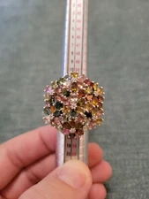 Large Multicolor Gemstone Flower Pave Sterling Ring Signed RRJ Size 6.75