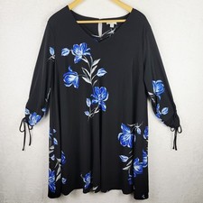 Cottagecore Dress XL Sheath Knit Midi Tie 3/4 Sleeve Black Blue Floral Romantic