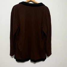 Jennifer Lauren Brown Ribbed Knit Collared Button Neck Top Pockets Accent