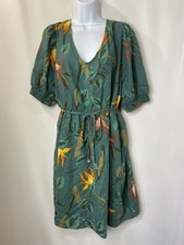 Ava & Viv Womens  Tropical Print Linen  Puff Sleeve Sun Dress Measures Large Fun