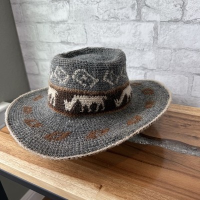 Vintage ALPACA Peruvian WOOL  HAT Western HAND WOVEN  Unique Aztec brimmed- READ