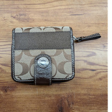 Coach Factory Brown/Beige Signature Logo Zip-Around Wallet Snap Tab, Women