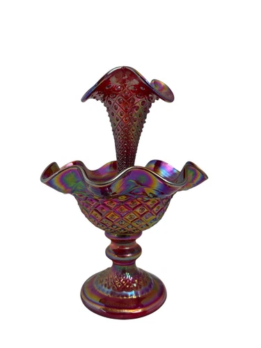 2003 Fenton Museum Coll. Ruby Carnival Diamond Lace Single Horn Epergne