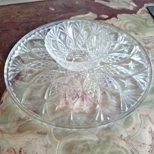 vintage heavy glass serving  platter with centre dip bowl 12 in diameter