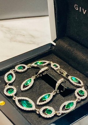 Givenchy Emerald Green Crystal Bracelet Drop Earrings Jewelry Set -344