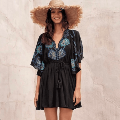 Free People Womens Cora Black Embroidered Tassel Mini Dress Deep V XS  Revolve | eBay