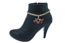 Women Gold Metal Chain Boot Bracelet Anklet Shoe Green Red JOY Charm Christmas