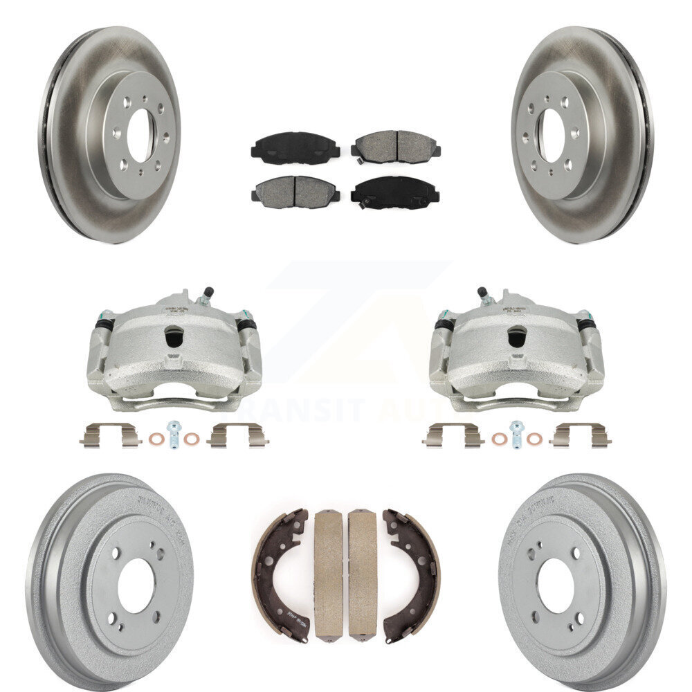 Front and Rear Brake Caliper Coated Rotor and Drum with Semi-Metallic Pad Kit Compatible with Honda Civic Models