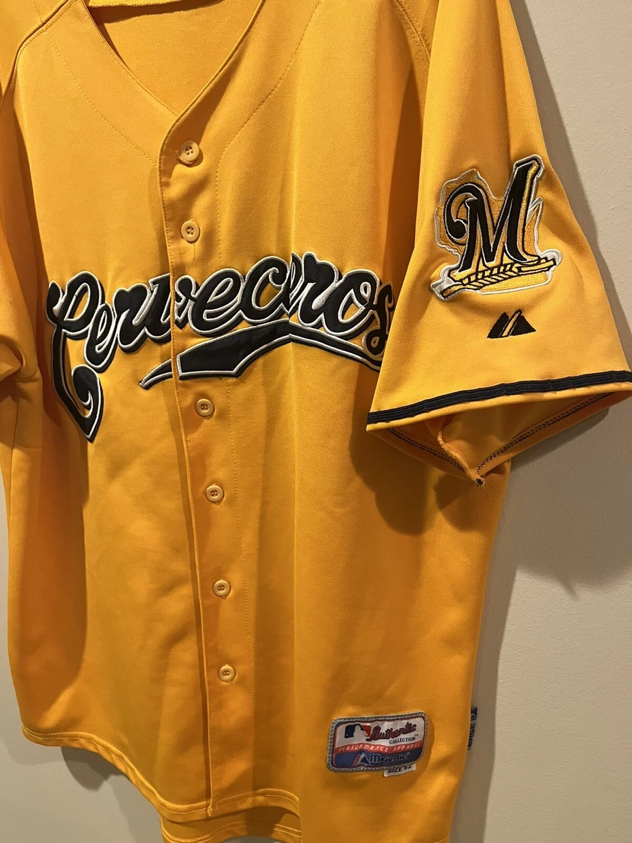 Milwaukee Brewers Cerveceros Yellow Jersey Majestic Size L/XL Rare