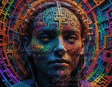 AI Indian Women Art Photo Vibrant Rainbow Maze Design on Woman’s Face Wallpaper