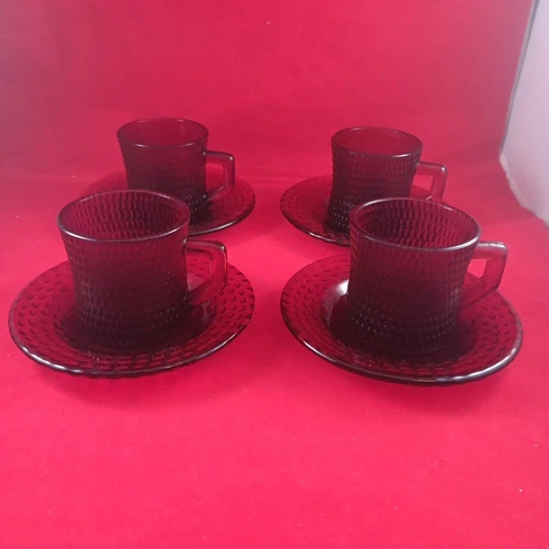 4 Vintage Ruby Red UV Reactive Manganese Glass Mugs And Saucers Hobnail Texture