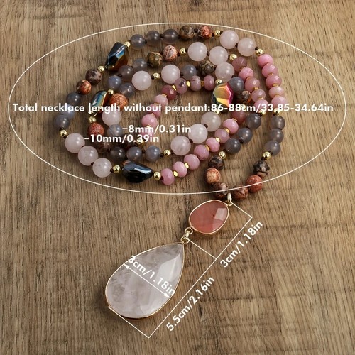 Boho Handmade Beaded Natural Pink Crystal Necklace Teardrop Pendant Women Gift - Picture 3 of 4