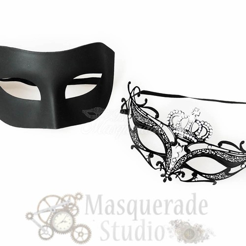 Couples Black Minimalist and Majestic Crown Costume Party Masquerade Masks Set - Picture 4 of 5