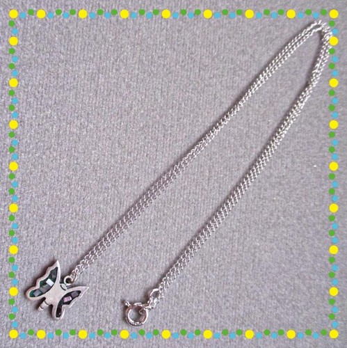 STERLING SILVER .925 Butterfly Abalone Shell - Enamel. 15" Silver Chain P162-SS