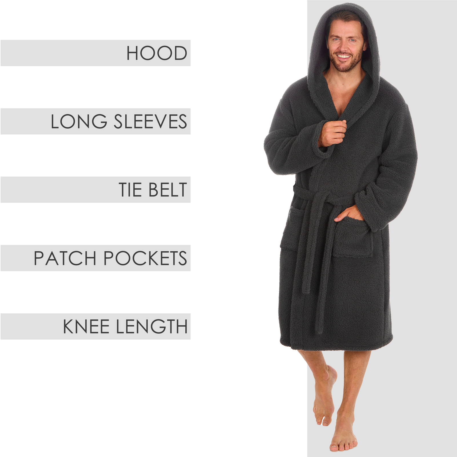 Mens Fleece Hooded Thick Dressing Gown Plain Grey Robe Housecoat M L XL XXL eBay