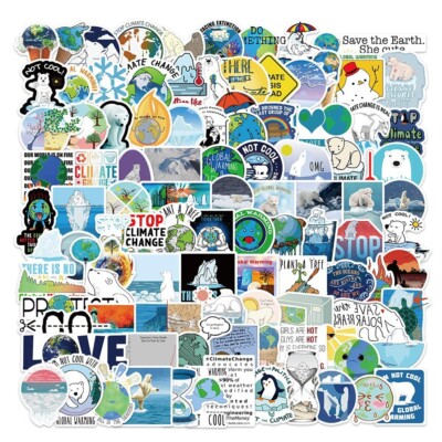 100pcs Global Warming Stickers, Protect Earth,Polar Bear,Save Water Recycle,010