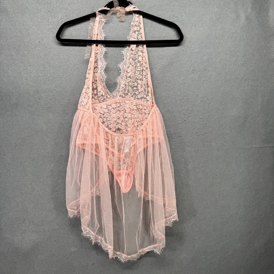 Dreamgirl O/S Halter Plunge Lace Teddy with Attached Flyaway Skirt Pink 11513 - Image 4 of 4