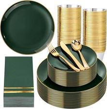 350PCS Green Plastic Plates - Disposable Green Gold Dinnerware Set for 50 Guests