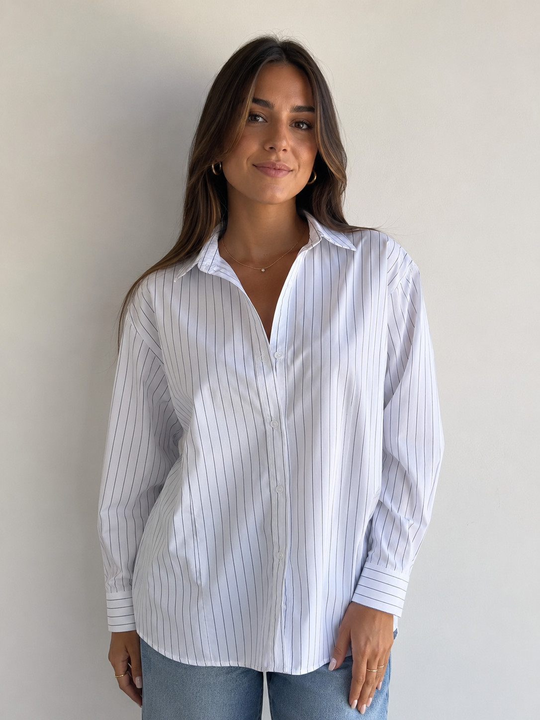 White Pinstripe Button Down Shirt Long Sleeve M Classic Workwear