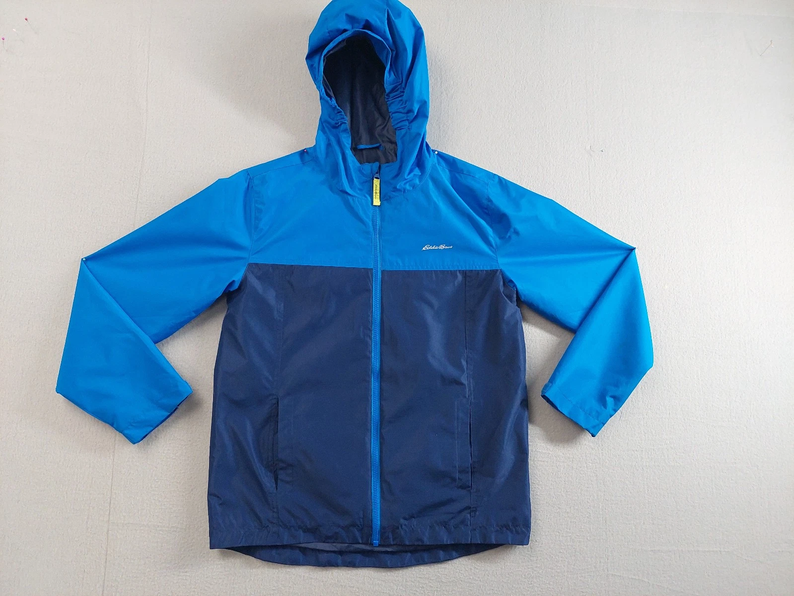 Eddie Bauer Boy Kids Jacket L Blue Hooded Full Zip Logo Waterproof Outdoor Wear