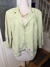 Plaza South Woman 24W Linen Blend Embroidered Floral Rose Blazer Jacket Green