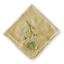 Antique Midcentury Yellow Raised Embroidered Floral Cotton Linen Handkerchief