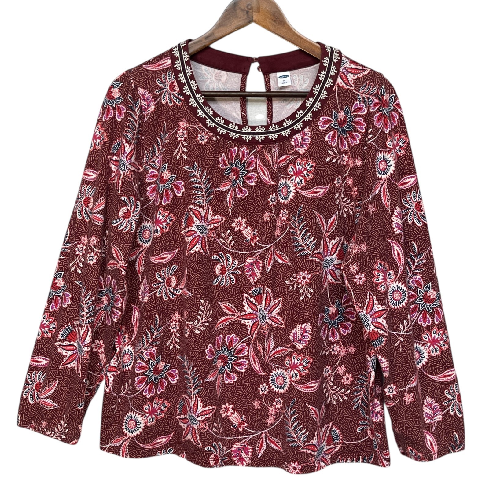 Old Navy Womens XL Burgundy Floral Embroidered Peasant Blouse Long Sleeve
