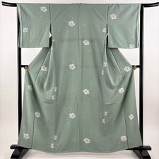 Woman Japanese Kimono Komon Silk Plum blossom Flower Light green 162cm