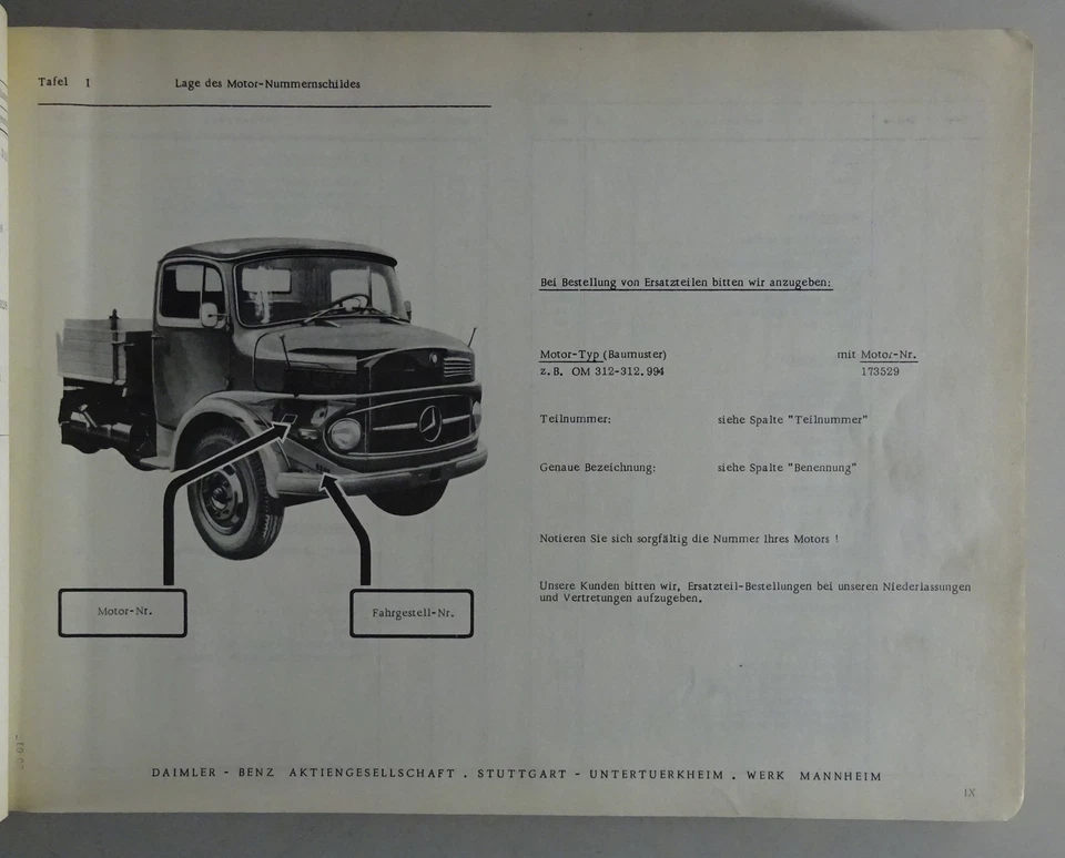 Teilekatalog / Ersatzteilliste Mercedes Benz LKW Dieselmotor OM 312 von 03/1961 - Bild 2 von 4