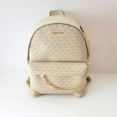 Michael Kors Slater Medium Chain Backpack Light Cream Multi MK Logo School Bag