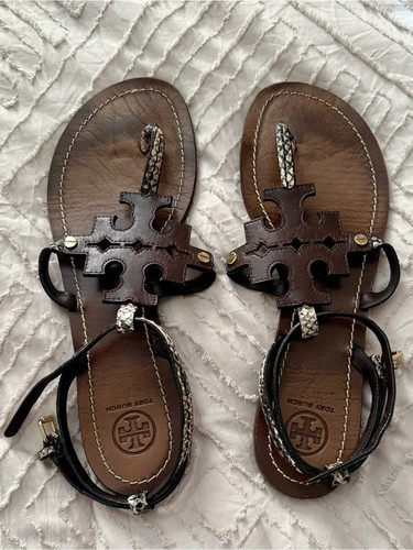 Tory Burch Phoebe Chandler Flat Leather Sandals with Snake-Print Trim