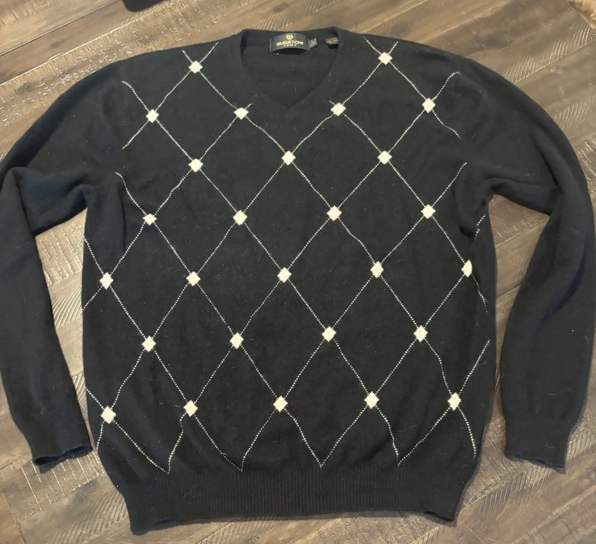 Mens Bugatchi Uomo 100% Cashmere Black Argyle Sweater Medium