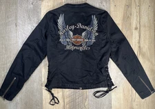 2008 HARLEY-DAVIDSON Jacket Women's S Black Wings Lace Up Biker Coat NO HOODIE